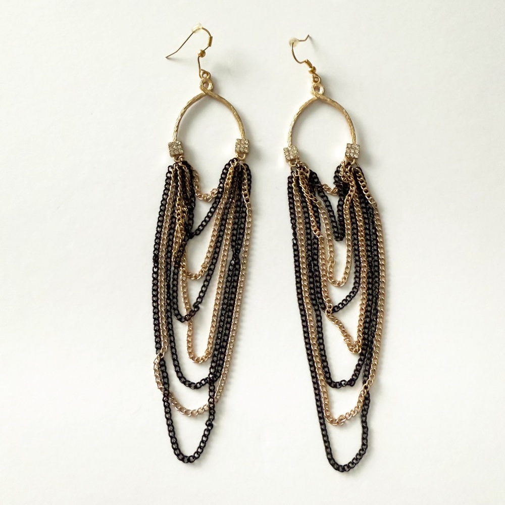 Vintage Style Two Toned Gold & Black Metal Long Dangling Chain Hoop Earrings - Picture 2 of 7